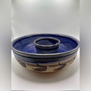 Hand Thrown Pottery Chip And Dip Bowl; Artist Signed; Cobalt Blue